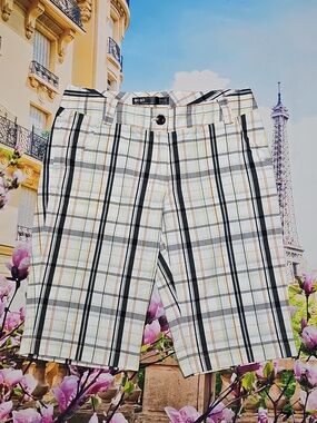 Lija Plaid High Waist Golf Shorts Cream Blue Orange Size 6